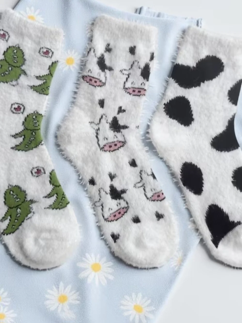 Cozy Cow Print Fuzzy Socks - White and Black Plush Crew (Set Of 3)